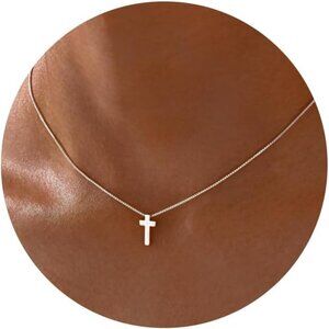 Women D Small Cross, Silver 14K Gold Plated Crown Cross Necklace - Non-Tarnish